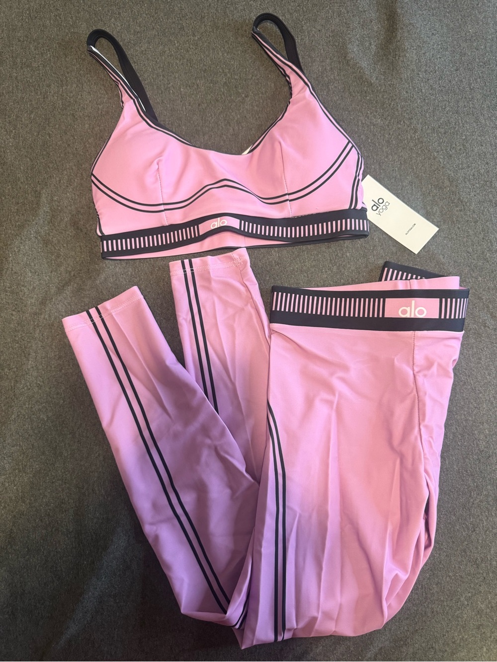 ALO Yoga Pink & Black Trim Sports Bra and Leggings Set